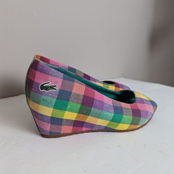 Lacoste Madras Plaid Wedge Peep Toe Shoes – Size 5 - Picture 3 of 10
